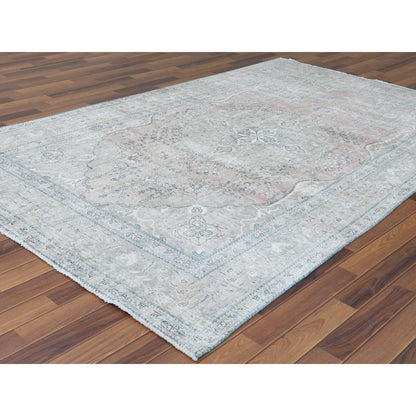 White Wash Vintage & Silver Wash Worn Wool Hand Knotted Rug Red Beige 6.2X9.7 -O060186