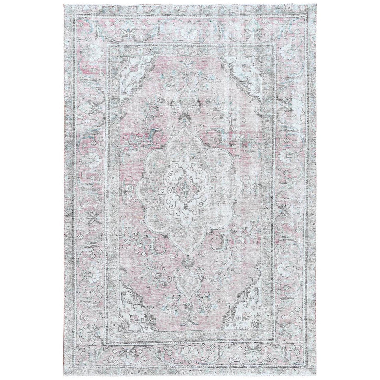 White Wash Vintage & Silver Wash Worn Wool Hand Knotted Rug Red Beige 6.4X9.6 -O060187