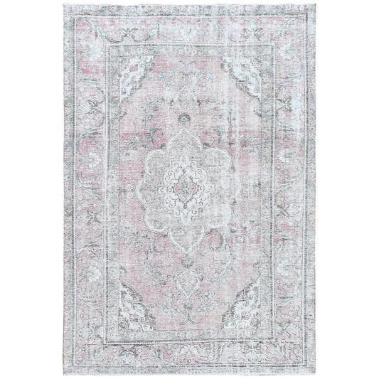 White Wash Vintage & Silver Wash Worn Wool Hand Knotted Rug Red Beige 6.4X9.6 -O060187