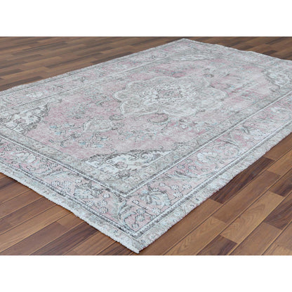 White Wash Vintage & Silver Wash Worn Wool Hand Knotted Rug Red Beige 6.4X9.6 -O060187