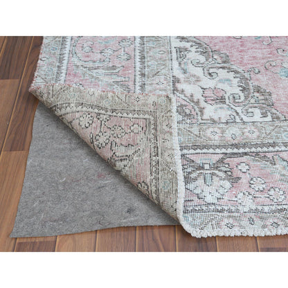 White Wash Vintage & Silver Wash Worn Wool Hand Knotted Rug Red Beige 6.4X9.6 -O060187