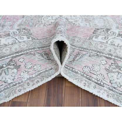 White Wash Vintage & Silver Wash Worn Wool Hand Knotted Rug Red Beige 6.4X9.6 -O060187