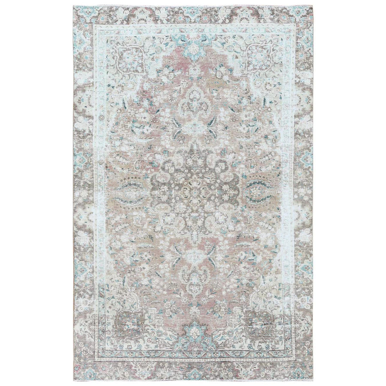 White Wash Vintage & Silver Wash Worn Wool Hand Knotted Rug Red Brown 5.10X9.5 -O060193