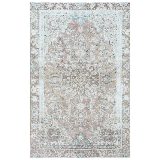 White Wash Vintage & Silver Wash Worn Wool Hand Knotted Rug Red Brown 5.10X9.5 -O060193