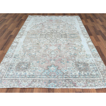 White Wash Vintage & Silver Wash Worn Wool Hand Knotted Rug Red Brown 5.10X9.5 -O060193