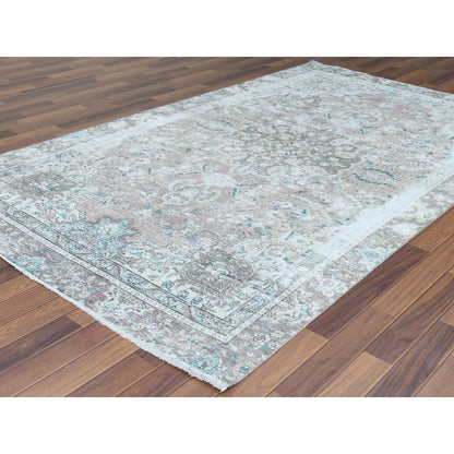 White Wash Vintage & Silver Wash Worn Wool Hand Knotted Rug Red Brown 5.10X9.5 -O060193