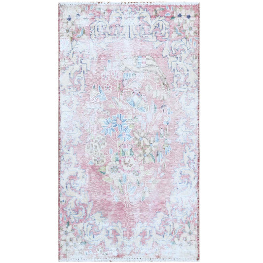 Overdyed & Vintage Worn Wool Hand Knotted Rug Red No Border 1.10X3.4 -O060462