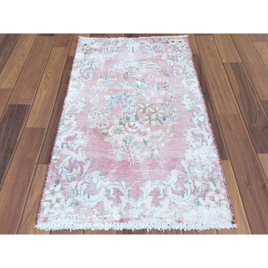 Overdyed & Vintage Worn Wool Hand Knotted Rug Red No Border 1.10X3.4 -O060462