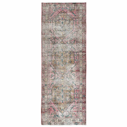 Overdyed & Vintage Worn Wool Hand Knotted Rug Red Ivory 3.10X10.3 -O060505