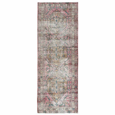 Overdyed & Vintage Worn Wool Hand Knotted Rug Red Ivory 3.10X10.3 -O060505