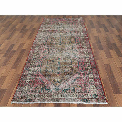 Overdyed & Vintage Worn Wool Hand Knotted Rug Red Ivory 3.10X10.3 -O060505