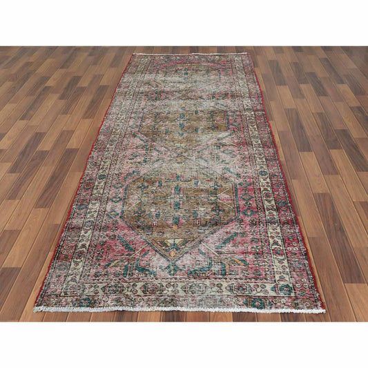 Overdyed & Vintage Worn Wool Hand Knotted Rug Red Ivory 3.10X10.3 -O060505