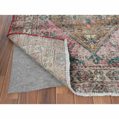 Overdyed & Vintage Worn Wool Hand Knotted Rug Red Ivory 3.10X10.3 -O060505