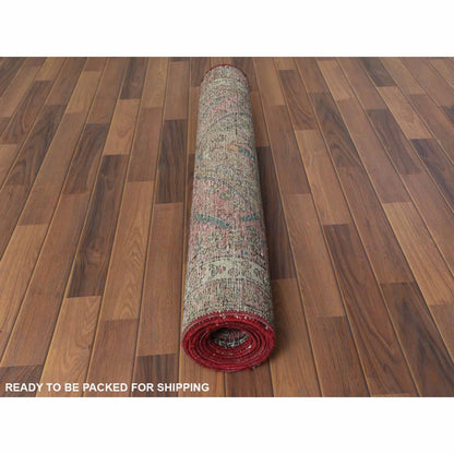 Overdyed & Vintage Worn Wool Hand Knotted Rug Red Ivory 3.10X10.3 -O060505