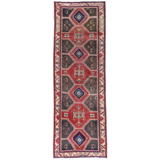 Overdyed & Vintage Worn Wool Hand Knotted Rug Red Ivory 3.9X10.9 -O060510