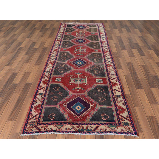 Overdyed & Vintage Worn Wool Hand Knotted Rug Red Ivory 3.9X10.9 -O060510