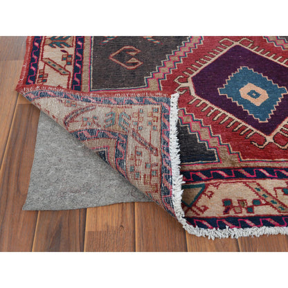 Overdyed & Vintage Worn Wool Hand Knotted Rug Red Ivory 3.9X10.9 -O060510