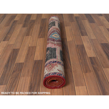 Overdyed & Vintage Worn Wool Hand Knotted Rug Red Ivory 3.9X10.9 -O060510