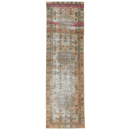 Overdyed & Vintage Worn Wool Hand Knotted Rug Brown Peach 3.4X10.8 -O060514
