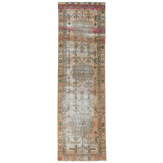 Overdyed & Vintage Worn Wool Hand Knotted Rug Brown Peach 3.4X10.8 -O060514