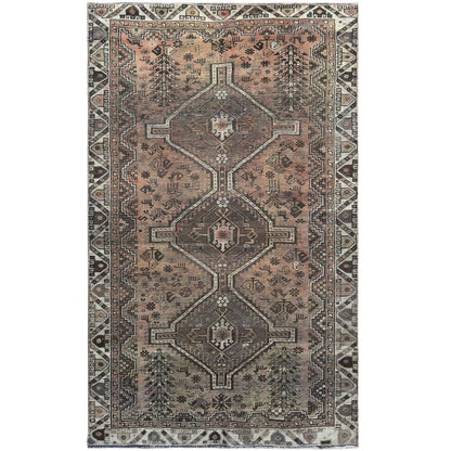 Overdyed & Vintage Worn Wool Hand Knotted Rug Brown Ivory 4.8X7.7 -O060575