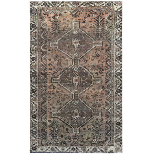 Overdyed & Vintage Worn Wool Hand Knotted Rug Brown Ivory 4.8X7.7 -O060575