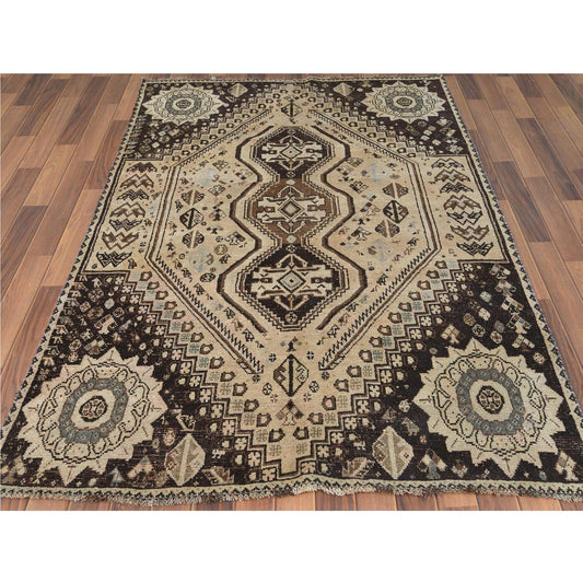 Overdyed & Vintage Worn Wool Hand Knotted Rug Beige No Border 4.9X7.3 -O060609
