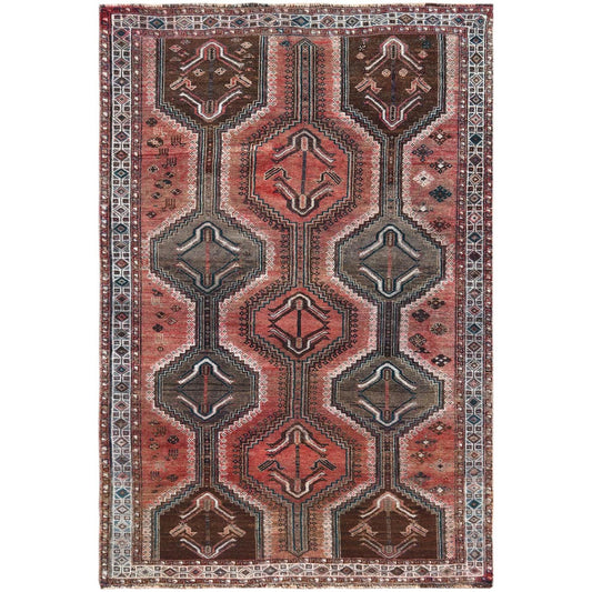 Overdyed & Vintage Worn Wool Hand Knotted Rug Red Ivory 5.3X7.10 -O060617