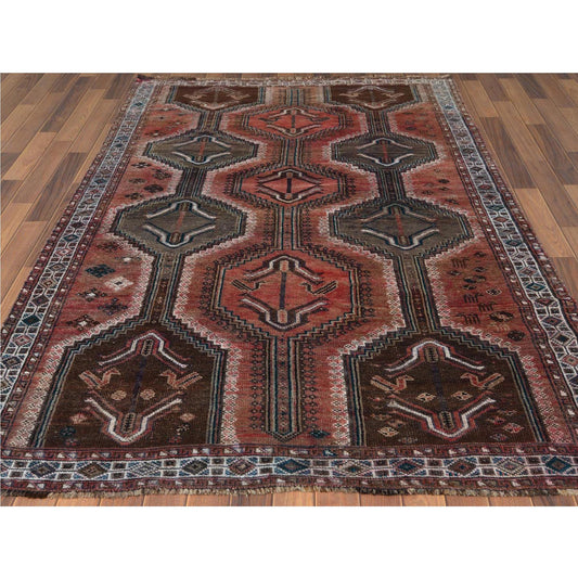 Overdyed & Vintage Worn Wool Hand Knotted Rug Red Ivory 5.3X7.10 -O060617