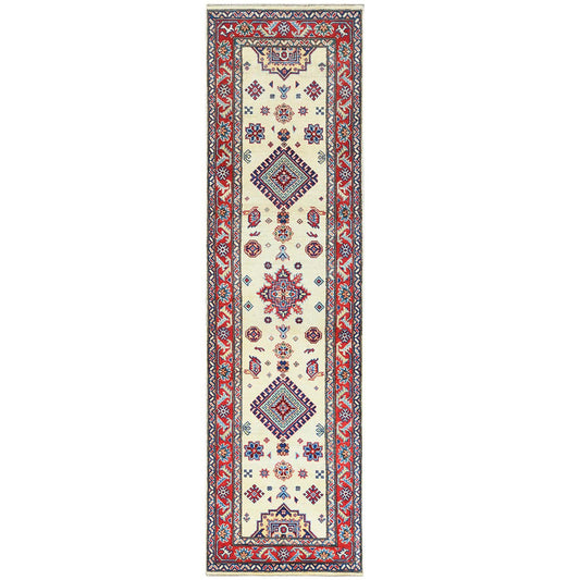 Kazak Wool Hand Knotted Rug Ivory Red 2.8X9.8 -O060725