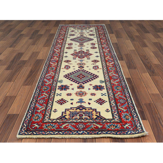 Kazak Wool Hand Knotted Rug Ivory Red 2.8X9.8 -O060725