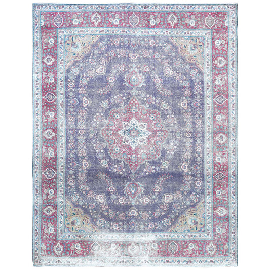 Overdyed & Vintage Worn Wool Hand Knotted Rug Purple Fuchsia Pink 9.10X12.8 -O060900
