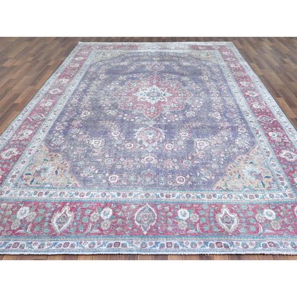 Overdyed & Vintage Worn Wool Hand Knotted Rug Purple Fuchsia Pink 9.10X12.8 -O060900