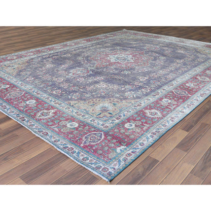 Overdyed & Vintage Worn Wool Hand Knotted Rug Purple Fuchsia Pink 9.10X12.8 -O060900