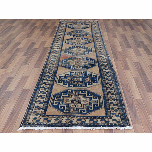 Overdyed & Vintage Worn Wool Hand Knotted Rug Beige Coral Color 3.5X9.10 -O060920