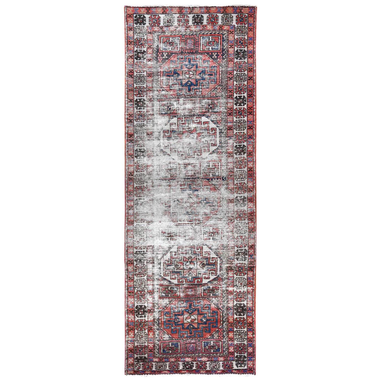 Red 3'2" x 9'5" Overdyed & Vintage Worn Hand knotted Wool Rug - Sku: O060946