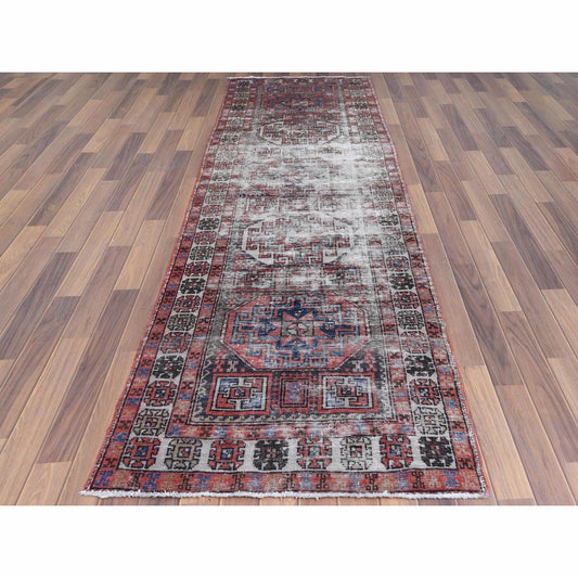 Overdyed & Vintage Worn Wool Hand Knotted Rug Red Ivory 3.2X9.5 -O060946
