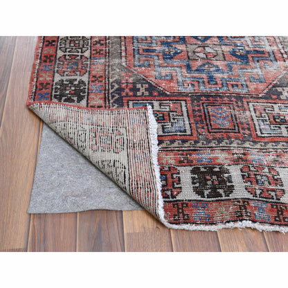 Overdyed & Vintage Worn Wool Hand Knotted Rug Red Ivory 3.2X9.5 -O060946