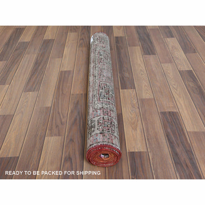 Overdyed & Vintage Worn Wool Hand Knotted Rug Red Ivory 3.2X9.5 -O060946