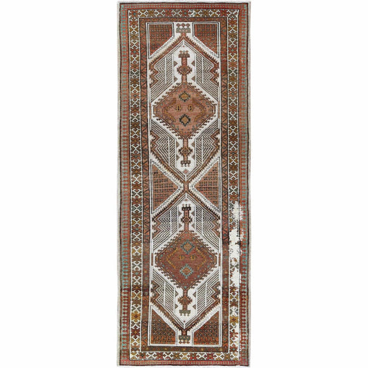 Overdyed & Vintage Worn Wool Hand Knotted Rug Red Ivory 3.5X9.7 -O060982