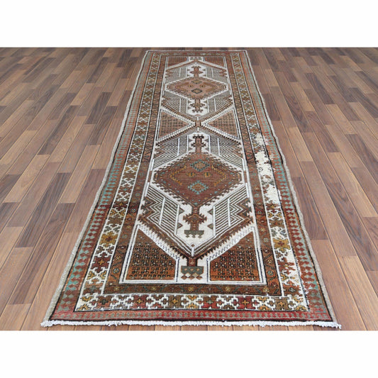 Overdyed & Vintage Worn Wool Hand Knotted Rug Red Ivory 3.5X9.7 -O060982