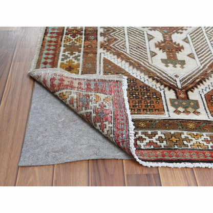 Overdyed & Vintage Worn Wool Hand Knotted Rug Red Ivory 3.5X9.7 -O060982