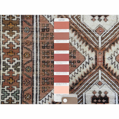 Overdyed & Vintage Worn Wool Hand Knotted Rug Red Ivory 3.5X9.7 -O060982