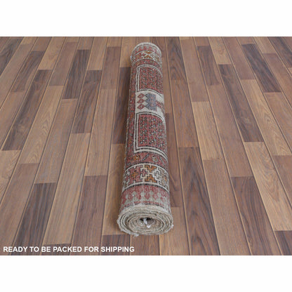 Overdyed & Vintage Worn Wool Hand Knotted Rug Red Ivory 3.5X9.7 -O060982