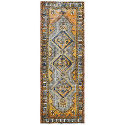 Overdyed & Vintage Worn Wool Hand Knotted Rug Yellow Ivory 3.6X9.8 -O061011