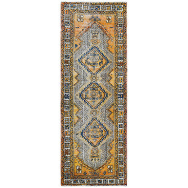 Overdyed & Vintage Worn Wool Hand Knotted Rug Yellow Ivory 3.6X9.8 -O061011
