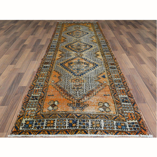 Overdyed & Vintage Worn Wool Hand Knotted Rug Yellow Ivory 3.6X9.8 -O061011