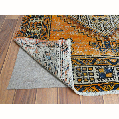 Overdyed & Vintage Worn Wool Hand Knotted Rug Yellow Ivory 3.6X9.8 -O061011