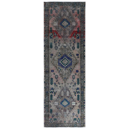 Overdyed & Vintage Worn Wool Hand Knotted Rug Brown Brown 3.8X11.2 -O061012