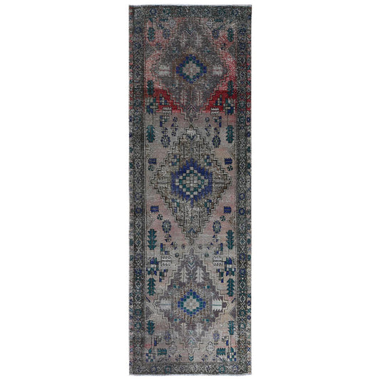 Overdyed & Vintage Worn Wool Hand Knotted Rug Brown Brown 3.8X11.2 -O061012